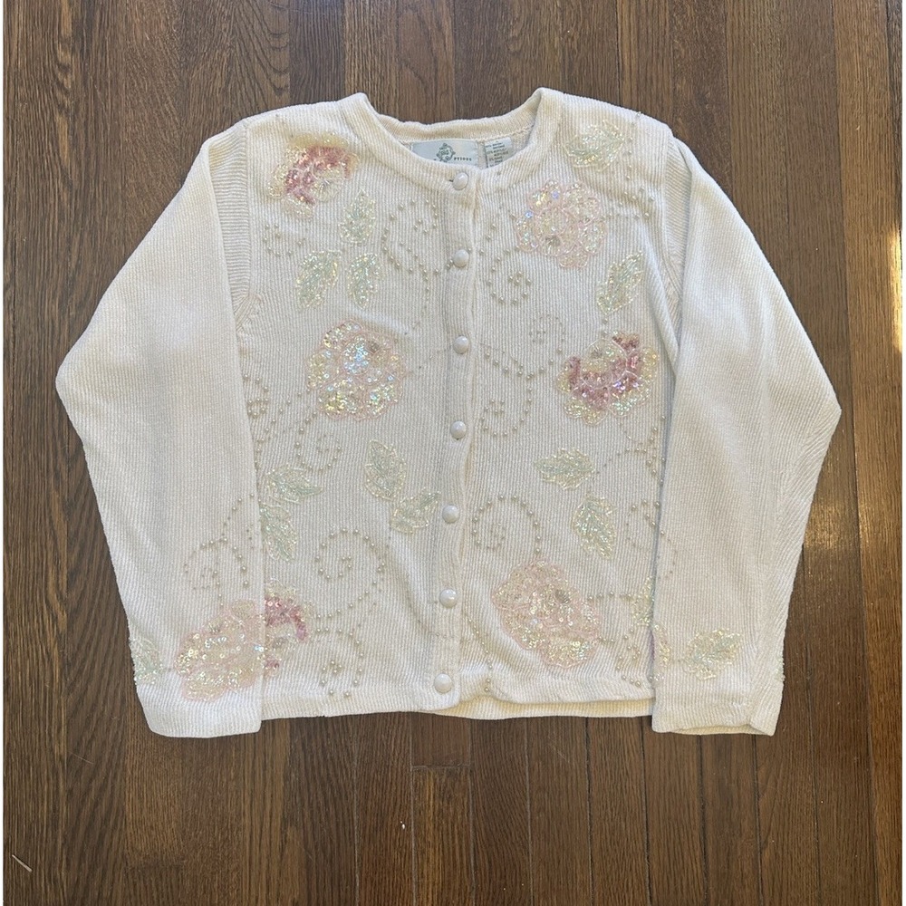 Design Options Sweater Women's Large Cream Floral Beaded Embellished Fun Gordon